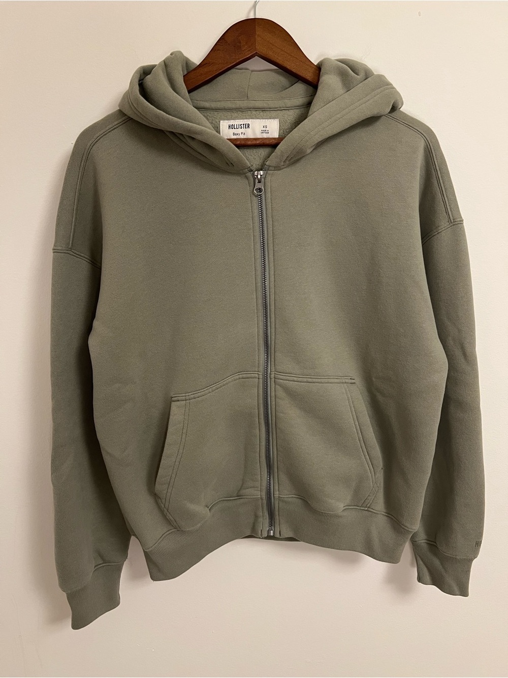 Hollister Men's Sage Green Boxy Zip-Up Hoodie